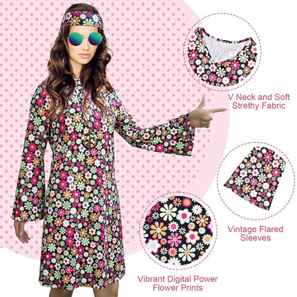 MRYUWB 70s Hippie Dress Costumes Necklace Earrings Sunglass Women Disco Outfit, 60s Party Costume, Halloween Retro Dresses (Vibrant Flowers, S), (F0154)