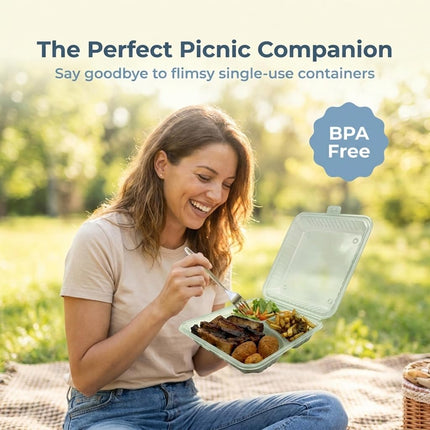 Contenedor FSE Reutilizable para Llevar, 3 Compartimentos, Sin BPA, 22.8 x 22.8 x 6.3 cm, Verde, Ideal para Preparación de Comidas, Apto para Microondas y Lavavajillas