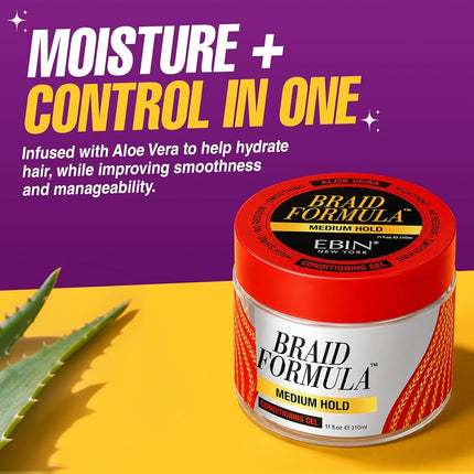 EBIN NEW YORK Braid Formula Conditioning Gel, Medium Hold, 11oz | Great for Braiding, Twisting, Edges, No Residue, No Flaking, Strong Hold, High Shine, Smoothing with Clean & Aloe Vera Scent
