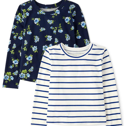 The Children's Place Girls' Long Sleeve Knit Fashion Shirt, Tidal Floral/Striped 2-Pack, X-Small