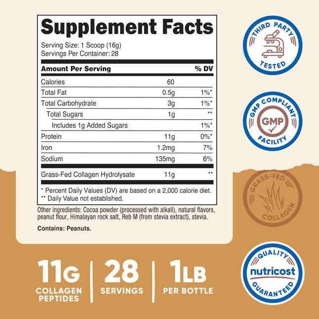 Péptidos de Colágeno, Chocolate y Mantequilla de Cacahuete, 454 g (16.2 oz), Nutricost