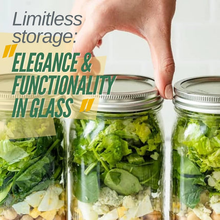 Wide Mouth Mason Jars 32 oz – 2 Pack Quart Size Jars with Airtight Lids and Bands & White Plastic Lid, Ideal for Meal Prep, Canning, Fermenting and DIY Projects, Microwave & Dishwasher Safe.