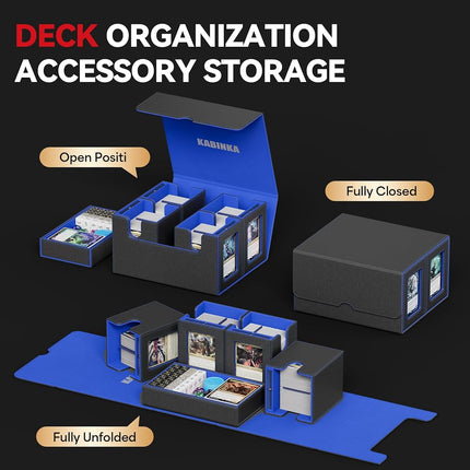 Card Deck Box for MTG with Commander Display, 5 in 1 Card Storage Box Fits 400+ Double-sleeved Cards, Removable Deck Case for TCG/Sports Cards with Dice Tray, 4 Magnetic Card Holders (Black Blue)