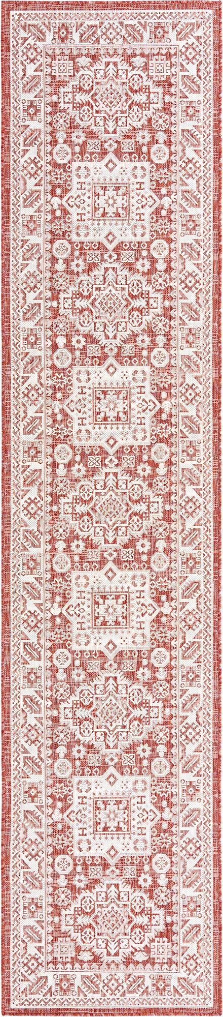 Tapis d'extérieur Unique Loom Collection Aztec - Chalca (2' 7" x 12' coureur, rouge rouille/ivoire)