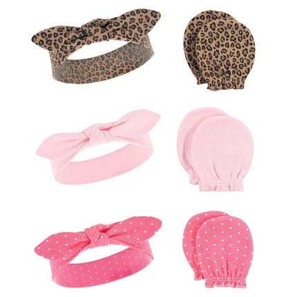 Hudson Baby Ensemble Bandeau et Moufles Anti-Rayures en Coton pour Bébés Filles, Léopard, 0-6 Mois