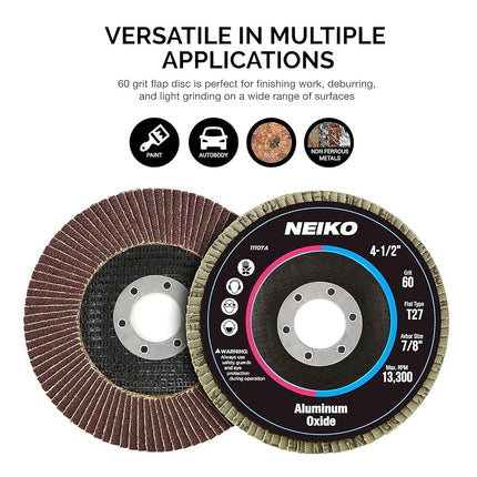 NEIKO 11107A 10 Pack Aluminum Oxide Flap Discs 4-1/2 for Angle Grinder, 60 Grit Flapper Wheel, Flat T27 Grinding Wheel 4.5 Inch Flap Disc, 7/8" Arbor Grinding Disc, Wood & Metal Sanding
