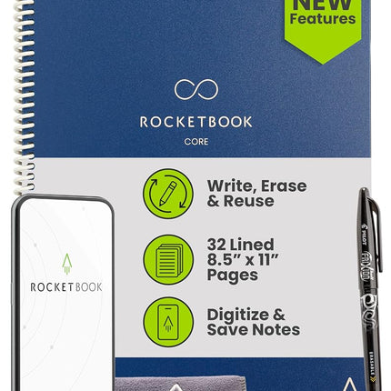 Rocketbook New Core Reusable Spiral Notebook, Letter Size 8.5x11, Navy Blue - Lined Pages, App-Connected, Erasable, Durable Cover, Ideal for School, Work, and Creative Projects