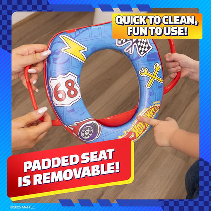 Hot Wheels Soft Potty Training Seat for Toilet with Storage Hook, Non-Slip Potty Ring with Splash Guard, Built-in Handles for Toddlers