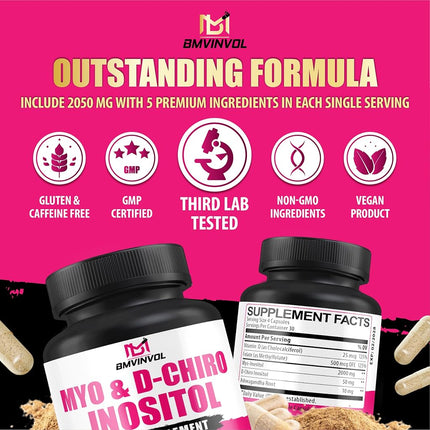 BMVINVOL 2050mg Inositol Supplement - Myo-Inositol and D-Chiro Inositol Plus Folate and Vitamin D - Ideal 40:1 Ratio - 120 Capsules