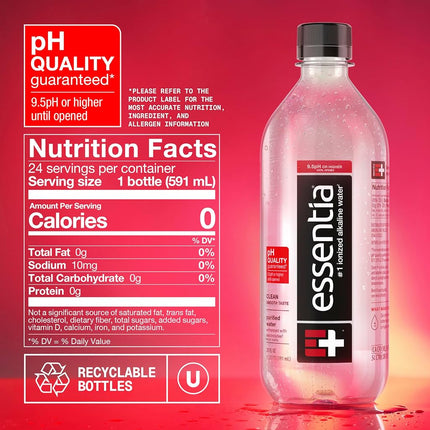 Agua Essentia; botella de 20 oz; agua embotellada alcalina ionizada; con electrolitos añadidos para un sabor suave; pH 9.5 o superior; H2O 99.9% puro, excepcional para los que hacen y creen