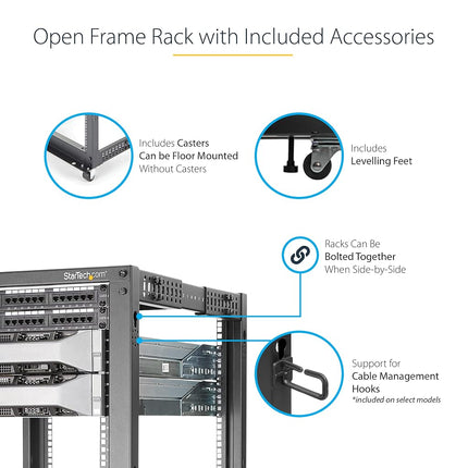 StarTech 15U 4-Post Open Frame Rack, 19in, 22-40in, 544kg/1200lb, 30in tall
