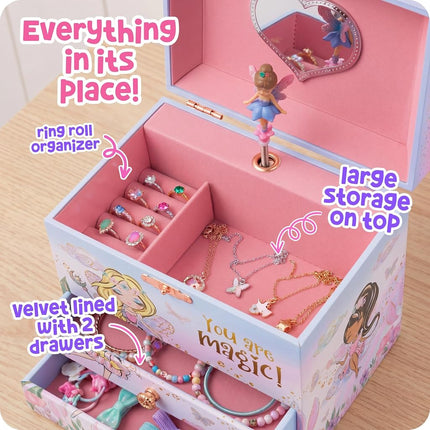 Musical Fairy Jewellery Box for Girls - Kids Music Box with Spinning Fairy and Mirror, Princess Birthday Gifts for Little Girls, Jewellery Box for Ages 3-10 - 17.1 x 13.3 x 15.2 cm