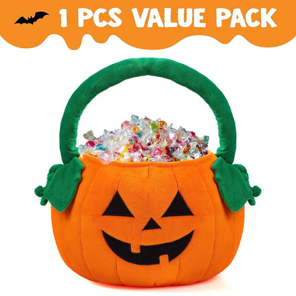 JOYIN Halloween Pumpkin Plush Tote Bucket, 11 X 13.4 inches Candy Trick or Treat Bag, Cute Halloween Basket with Handle for Kids Girl Boy Trick or Treating, Party Favor Supplies, Kids Gifts Goody Bag