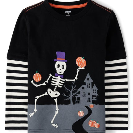 Gymboree Boys and Toddler Embroidered Graphic Long Sleeve Layered T-Shirts, Skeleton, 3T