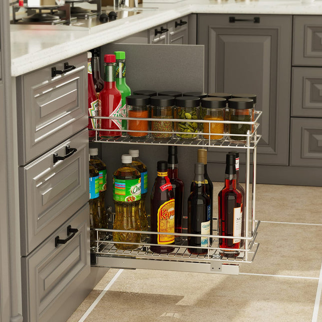 LOVMOR Pull Out Cabinet Organizer and Storage (5" W x 21" D) 2-Tier Pull Out Shelf Storage for Kitchen Base Cabinet Silver(5" W x 21" D, Silver, Roll on Top)