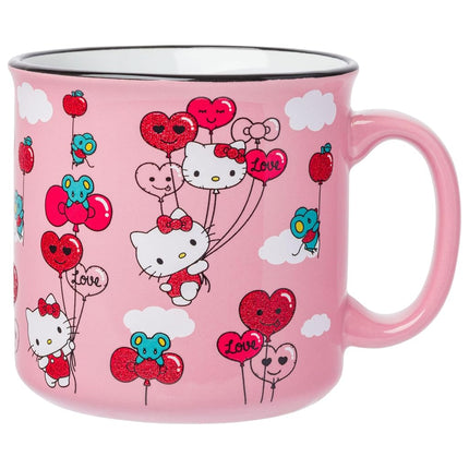 Silver Buffalo Sanrio Hello Kitty Red and Pink Heart, Bow, and Apple Balloons Glitter Pattern Featuring Joey the Mouse Ceramic Camper Mug, 20 Ounces
