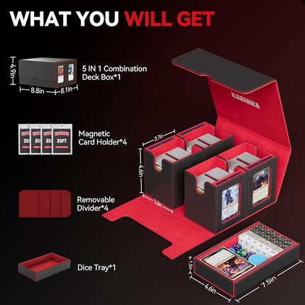 Card Deck Box for MTG with Commander Display, 5 in 1 Card Storage Box Fits 400+ Double-sleeved Cards, Removable Deck Case for TCG/Sports Cards with Dice Tray, 4 Magnetic Card Holders (Black Red)