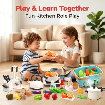 CUTE STONE 40PCS Kitchen Play Toy with Cookware Playset, Electronic Induction Cooktop, Cooking Utensils, Toy Cutlery, Cut Play Food, Shopping Basket - Unisex Kids' Learning Gift