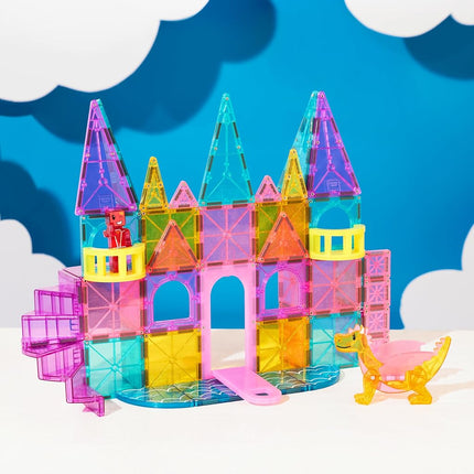 Magna-Tiles Château DLX + microMAGS Ensemble de construction magnétique 48 pièces – Jouet de construction de château de luxe avec pont-levis, dragon et escaliers en colimaçon – Jeu STEM créatif pour enfants à partir de 3 ans