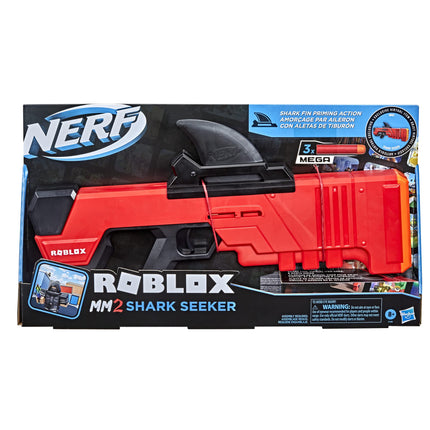 NERF Roblox MM2: Lanzador de dardos Shark Seeker, cebado con aleta de tiburón, 3 dardos Mega, código para desbloquear un artículo virtual en el juego