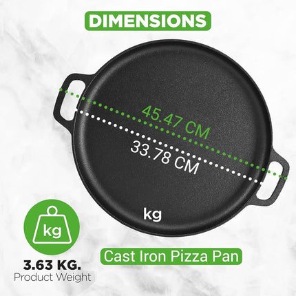 Poêle à pizza en fonte de 13 po - Poêle de cuisson à pizza en fonte avec poignée facile à saisir - Pour cuisinière à gaz, électrique, en verre, à induction, four et gril/feu de camp - 2 poignées en silicone - Nutrichef NCCIPD