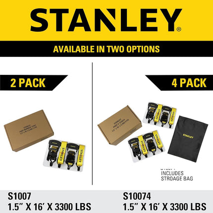 STANLEY S10074 1.5" x 16' Ratchet Tie Down Straps - Heavy Cargo Hauling (3,300 lbs Break Strength) 4 Pack