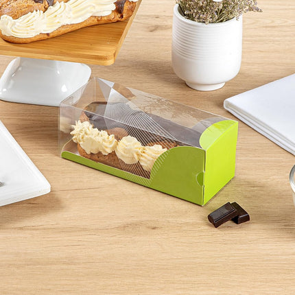 Restaurantware-7 Inch x 2.5 Inch Clear Dessert Boxes, 100 Green Paper Sleeve Transparent Candy Boxes - Geometric Line Accent, No Grease Lining, Clear Plastic Favor Box, Crack Resistant