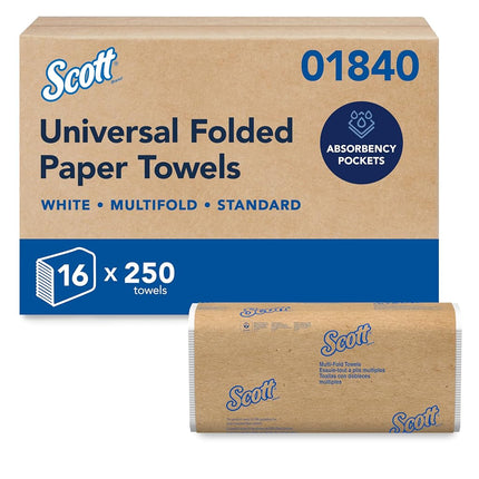 Scott Essential Multifold Paper Towels (01840) with Fast-Drying Absorbency Pockets, White, 250 Count (Pack of 16)
