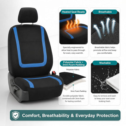 FH Group Car Seat Covers Front Set in Cloth -Car Seat Covers for Low Back Car Seats with Removable Headrest,Universal Fit,Automotive Seat Covers,Washable Car Seat Cover for SUV,Sedan,Van Blue