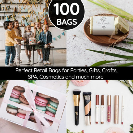 100 Thank You Bags for Business Small Black Color 1.5Mil Merchandise Bags 23cm x 30cm (9”x12”) Extra Thick Glossy Black Retail Bags and Thank You Bags with Handles