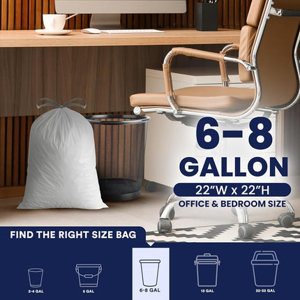 Plasticplace W8DSWHJR100 8 Gallon Trash Bags │ 0.7 Mil │ White Drawstring Garbage Can Liners │ 22" x 22" (100 Count)