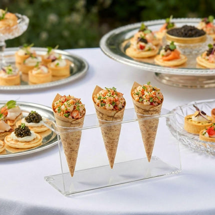 Restaurantware Clear Tek 7.1 x 2.8 x 3.2 Ice Cream Cone Holder 1 Premium Popcorn Cone Holder - Cones are Sold Separately 3 Holes Clear Acrylic Cone Stand Display Candy Or French Fries