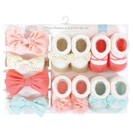 Hudson Baby Girl's Headband and Socks Giftset, Coral Gold 8-piece, One Size