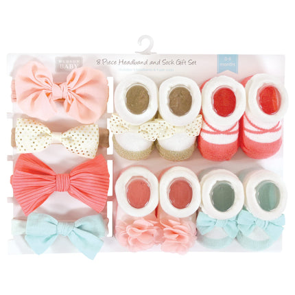 Hudson Baby Girl's Headband and Socks Giftset, Coral Gold 8-piece, One Size
