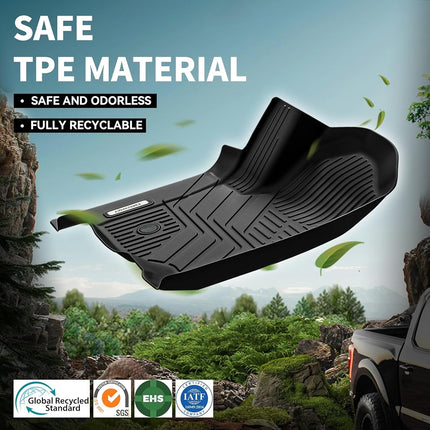 Alfombrillas OEDRO compatibles con Ford F-250/F-350 Super Duty Crew Cab 2017-2025 con asiento de banco en la 1.ª fila, con caja de almacenamiento, revestimientos de suelo TPE negros a medida para todo tipo de clima
