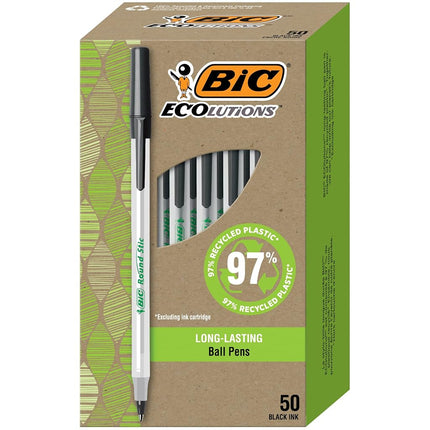Bic Ecolutions Round Stic Ballpoint Pen, Medium Point (1.0mm), Black, 50-Count