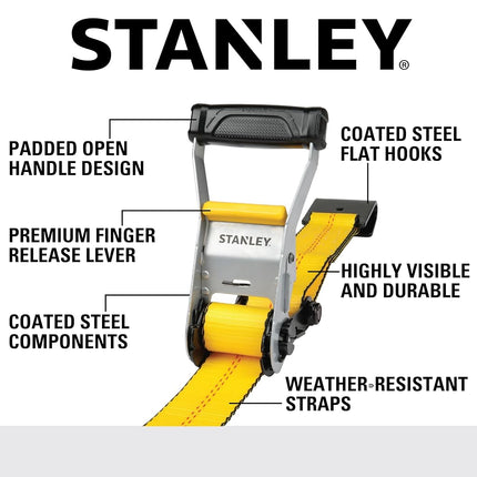 STANLEY S10000F Black/Yellow 2" x 27' Ratchet Strap with Flat Hooks - 3,333 LBS Safe Working Load / 10,000 LBS Break Strength