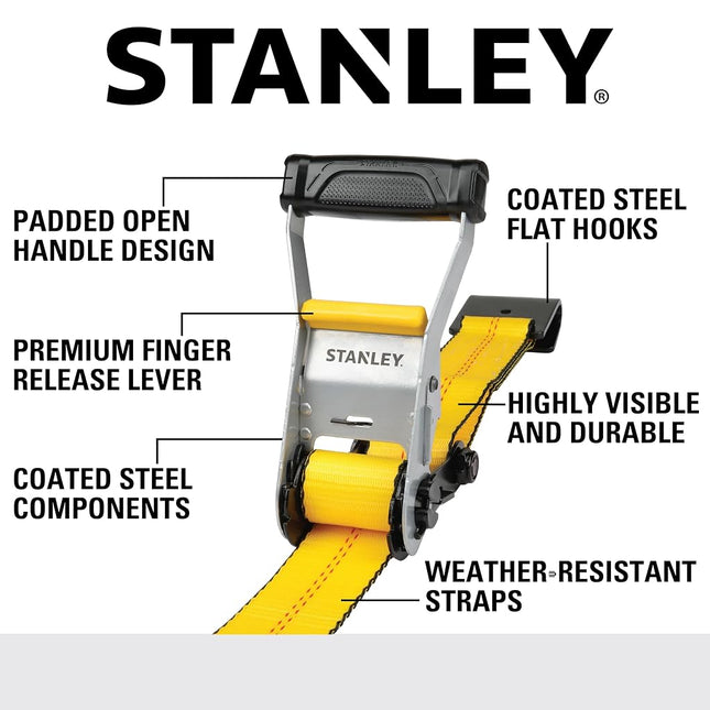 STANLEY S10000F Black/Yellow 2" x 27' Ratchet Strap with Flat Hooks - 3,333 LBS Safe Working Load / 10,000 LBS Break Strength