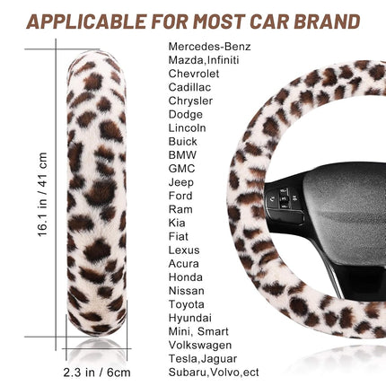 Fuzzy Steering Wheel Cover for Women Girls, Accmor Universal Fit 15 inch Fur Car Wheel Cover & Handbrake Cover & Gear Shift Cover Set, Fashion Leopard Winter Warm Fluffy Vehicle Wheel Protector