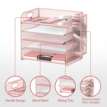 SUPEASY 5 Tier Desk Organizer with Handle & Removable Pen Holders, Mesh Paper/File Organizer for Desk, Paper Letter Tray Organizer for Office Supplies (Pink)