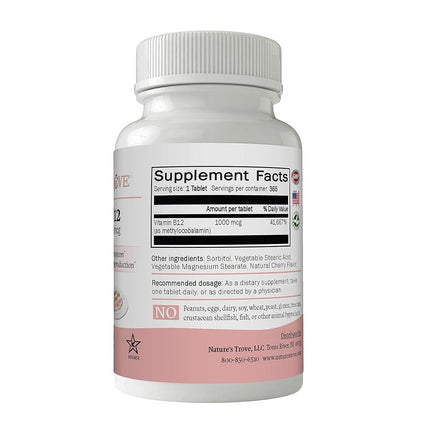 Vitamin B12 Methylcobalamin 1000 mcg, 365 Count, B12 Chewable Vitamins, Cherry Flavor, by Nature’s Trove