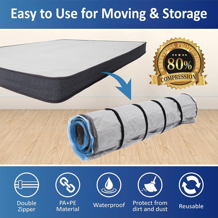 Sac sous vide pour matelas en mousse Queen/Full/Full-XL avec fermeture éclair bleue, sac de rangement pour matelas