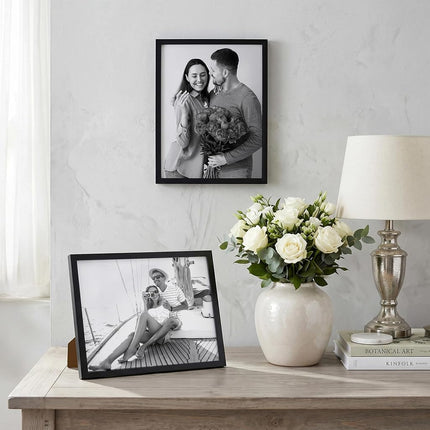 Americanflat 9x12 Picture Frame with Shatter-Resistant Glass - Streamline Collection - Thin Border Photo Frame for Tabletop and Wall Display - Hanging Hardware and Easel Stand Included - Black