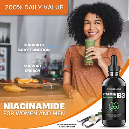 Liquid Vitamin B3 (as Niacinamide) Supplement - Non Flush Form of Niacin - Convenient Niacin Drops for Women and Men - 2oz (60ml)