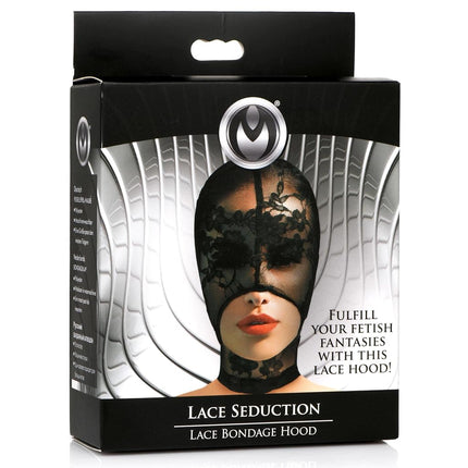 MASTER SERIES Lace Seduction Bondage Hood. BDSM Mask and Sexy Fetish Fantasy Costume for Women, Men & Adult Couples. Machine Washable, Polyester, Black, One Size Fits Most