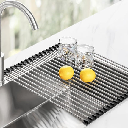 Tomorotec 21" x 15.5" Roll Up Dish Drying Rack Over Sink Drying Rack Sink Cover Kitchen Sink Accessories Gadget Multipurpose Organizer Foldable Stainless Steel Drainer