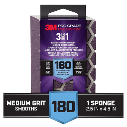 3M Pro Grade Precision 3-in-1 Sanding Sponge, 180 Grit Medium, for Woodworking, Drywall Prep, and Refinishing, 2.5 in x 4.5 in x 1 in