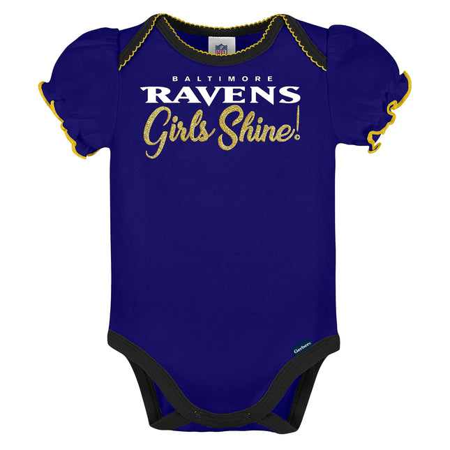 Gerber Baby Girl's Standard NFL 3 Pack Short Sleeve Onesie Bodysuit, Team Color, 18 Months