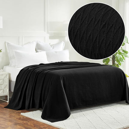 Superior 100% Cotton Thermal Blanket, Soft and Breathable Cotton for All Seasons, Bed Blanket and Oversized Throw Blanket with Luxurious Diamond Weave - Full/Queen Size, Black