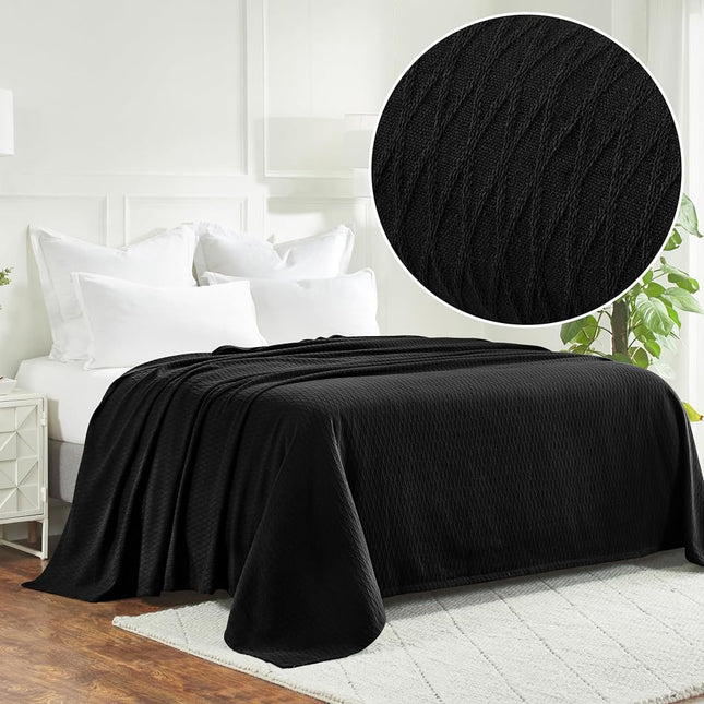 Superior 100% Cotton Thermal Blanket, Soft and Breathable Cotton for All Seasons, Bed Blanket and Oversized Throw Blanket with Luxurious Diamond Weave - Full/Queen Size, Black